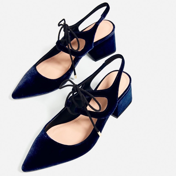 🚫SOLD🚫 Blue Velvet Tie-Up Heeled Slingback Shoes - Picture 1 of 7